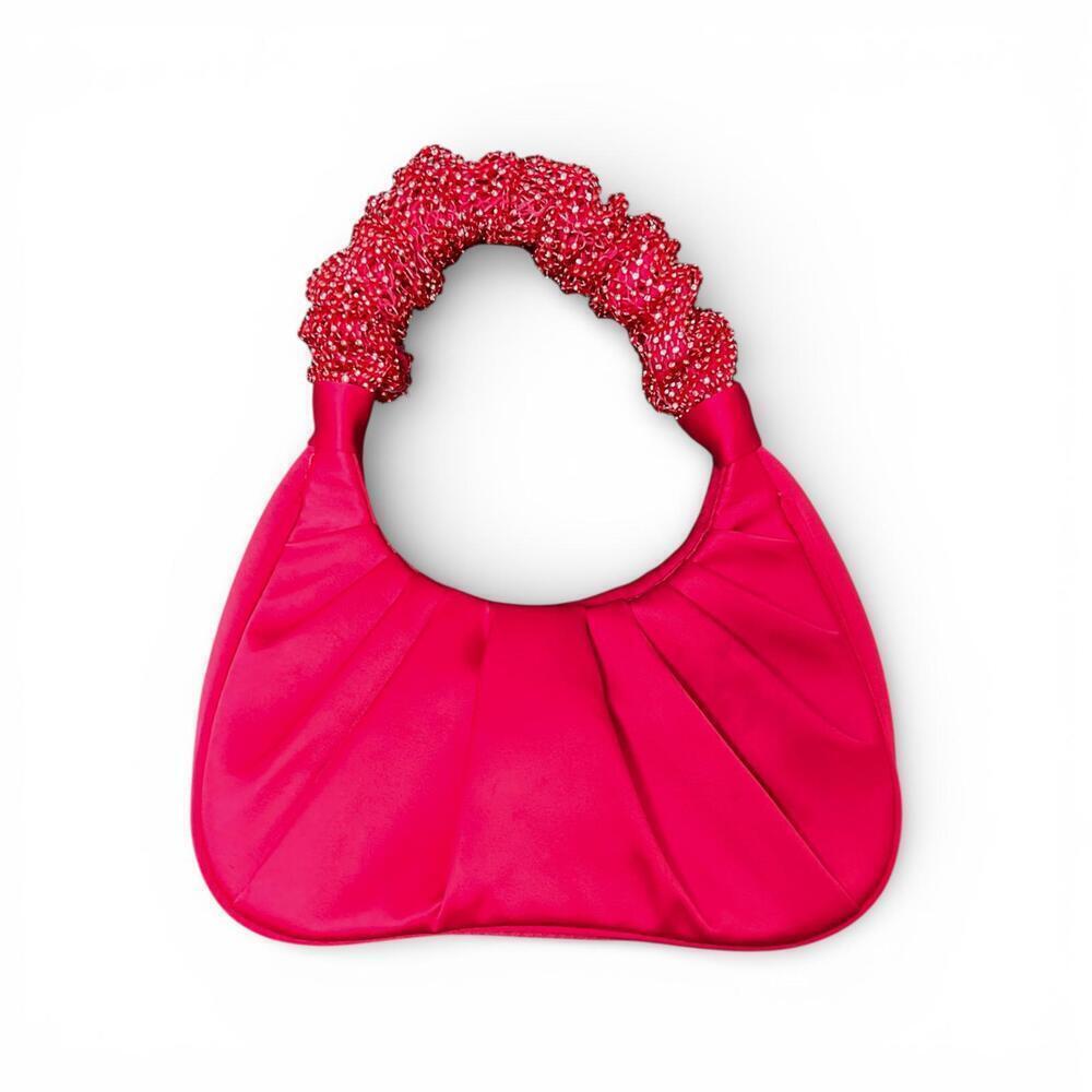 Y2k Pink Satin Shoulder Bag with Beaded Handle